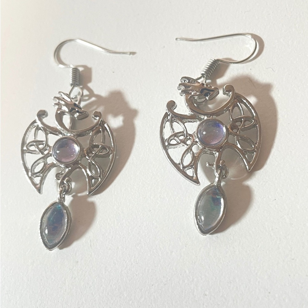 Dragon Earrings Silver Tone Celtic Knot Iridescent Fantasy Goth